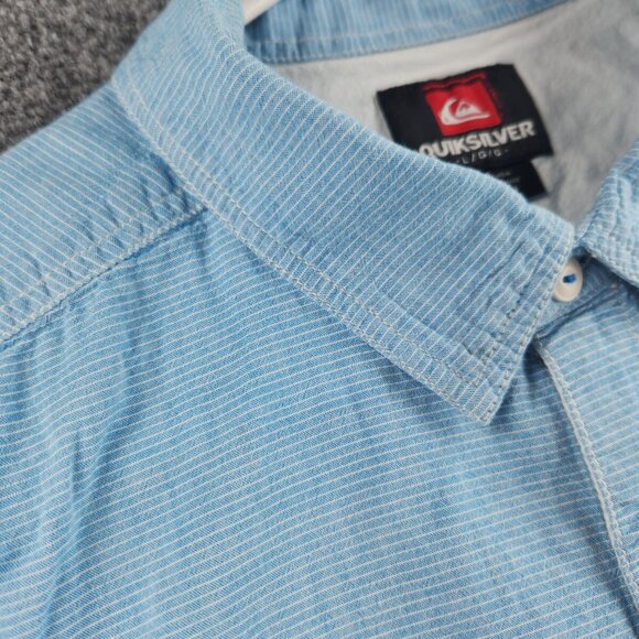 Quiksilver Button Up Shirt Men Short Sleeve Blue Striped Large Cotton Woven - Picture 9 of 15